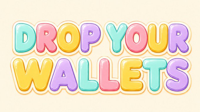 Colorful bubble-style text reading 'DROP YOUR WALLETS' in pastel pink, yellow, blue, and purple letters on a cream background.