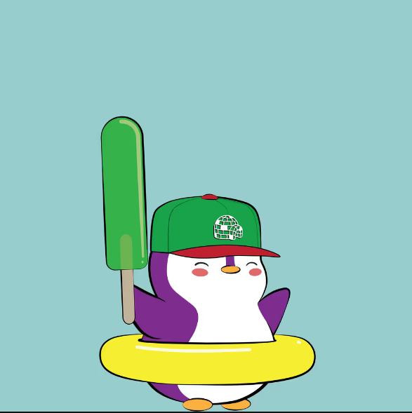 Cartoon illustration of a purple and white penguin character wearing a green cap and holding a green bat while floating in a yellow inflatable ring against a light blue background.