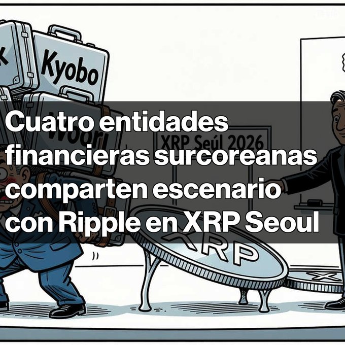 A cartoon illustration showing a man with suitcases labeled "Kyobo" and "Woori" next to an XRP logo, with Spanish text overlay reading "Cuatro entidades financieras surcoreanas comparten escenario con Ripple en XRP Seoul".