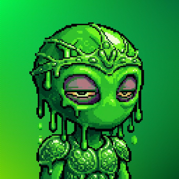 The image features an alien character with green skin, wearing a green suit or armor that has been dripping with green liquid. The alien appears to be in a state of exhaustion or defeat, as evidenced by its drooping eyes and the fact that it is not standing upright. The caption below the image reads "one more @voids_eth in the bag now i only need a plasmatic for a full set". This suggests that there might have been an earlier failure or loss involving the alien character, possibly due to a malfunctioning suit or armor piece, and it is now being sought out by others who can fix the issue.