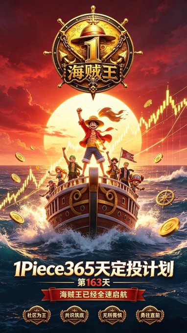 A promotional poster features One Piece anime characters on a pirate ship with the text '1 Piece 365天定投计划 第163天' and '海贼王已经全速启航'.