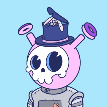 A cartoon illustration of a pink character with a white skull face, large dark eyes, and a blue wizard hat, with purple ringed antennae extending from its head, set against a light blue background.