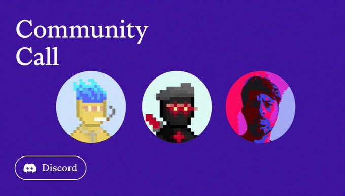 A purple graphic titled 'Community Call' featuring three circular avatars—one pixel art warrior, one dark-hooded figure with red eyes, and one stylized red and blue face—above a Discord button.