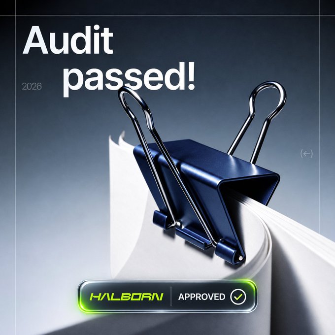 A graphic displays 'Audit passed!' in large white text above a black binder clip holding papers, with a 'HALBORN APPROVED' badge featuring a checkmark at the bottom.