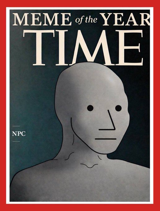 A TIME magazine cover parody titled 'MEME of the YEAR' features the NPC meme character with the subtitle '— NPC'.
