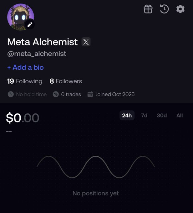 A dark-themed trading profile for "Meta Alchemist" (@meta_alchemist) showing only $0.00 in portfolio value, 8 followers, 0 trades, and "No positions yet," visually underscoring the post's message about being inexperienced in active coin trading and now wanting to learn "the trenches" of this new cycle.