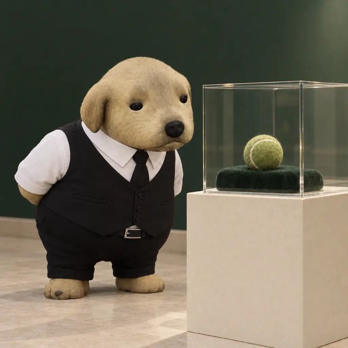 A 3D-rendered fluffy dog character dressed in a formal black vest, white shirt, and tie, standing next to a glass display case containing a tennis ball on a green cushion.
