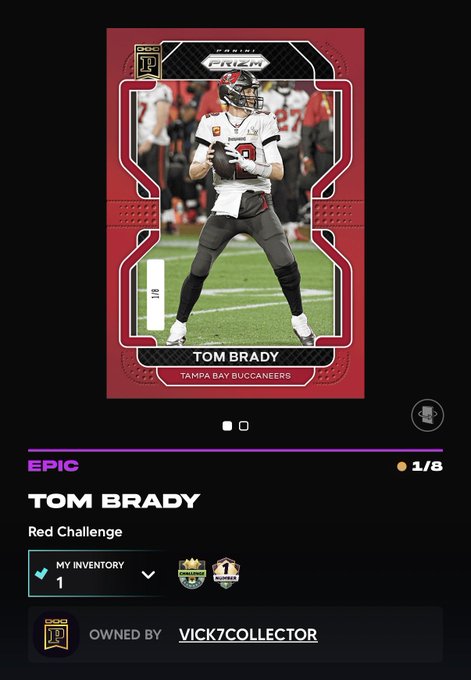 A digital Tom Brady "Red Challenge" Epic Panini Blockchain NFL trading card (1/8) owned by VICK7COLLECTOR, featuring the Buccaneers QB in a white jersey drop-back pose, with the post noting it as a rare base tier Brady rainbow card requiring $10k+ to complete.