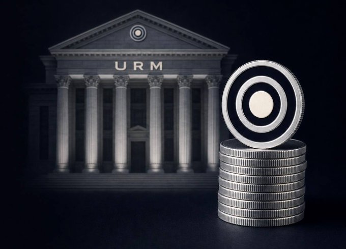 A conceptual image showing a stack of silver coins with a target symbol on top coin, positioned in front of a classical building with columns bearing the letters 'URM'.