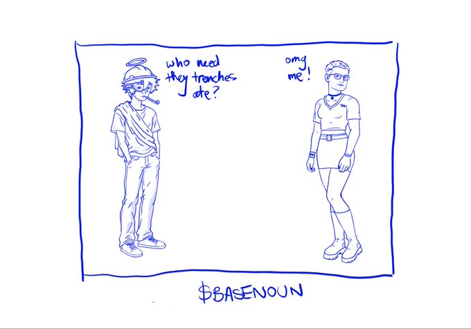 A blue line drawing showing two characters, with one labeled "#BASENOUN" saying "who needs they trenches Jake?" and a superhero figure responding "omg me!".