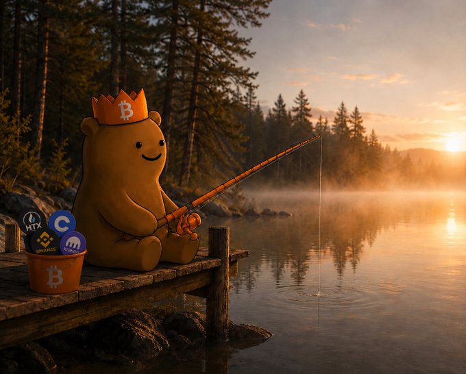 The image features a cartoon bear sitting on a dock with an orange bucket next to him. The bear has a crown on his head and appears to be fishing for fish, as there are several fish floating nearby. In the background, there's a beautiful sunset over a lake, creating a serene atmosphere. The post also includes various cryptocurrency symbols such as Bitcoin, @HTX_Global, @coinbase, @binance, and @krakenfx.