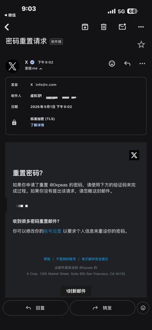 A screenshot of an email from "info@x.com" titled "密码重置请求" (Password Reset Request) addressed to 薛契明 on 9月1日 2026 at 9:02, showing a password reset code has been sent. This illustrates the alleged brute-force password reset attacks on Twitter/X accounts referenced in the post, highlighting the importance of enabling 2FA to prevent unauthorized access attempts.