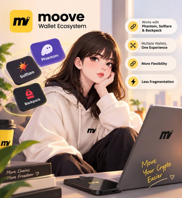 An anime-style promotional image for 'moove Wallet Ecosystem' features a girl at a laptop with floating app icons for Phantom, Solflare, and Backpack, highlighting features like 'Multiple Wallets, One Experience' and 'More Flexibility' with the slogan 'Move Your Crypto Easier.'