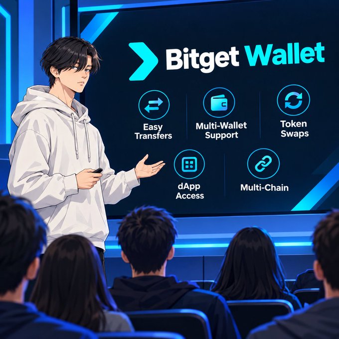 An anime-style illustration of a young man in a white hoodie presenting on stage, with a screen behind him displaying 'Bitget Wallet' and its features: 'Easy Transfers', 'Multi-Wallet Support', 'Token Swaps', 'dApp Access', and 'Multi-Chain'.