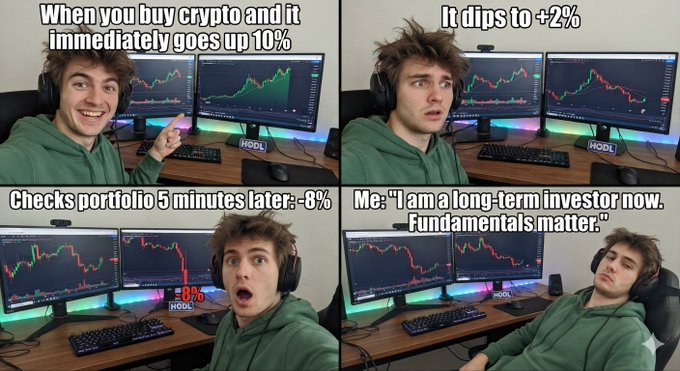 A four-panel meme showing a man at a computer monitor: 'When you buy crypto and it immediately goes up 10%', 'It dips to +2%', 'Checks portfolio 5 minutes later: -8%', and 'Me: "I am a long-term investor now. Fundamentals matter."'
