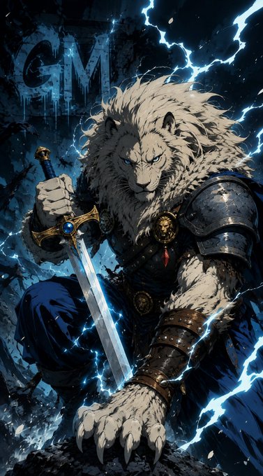 An illustration of an armored white lion warrior wielding a glowing sword amid blue lightning, with 'GM' partially visible in the background.