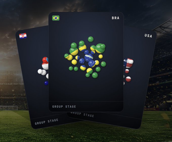 The image features a group of three cards, each displaying different countries' flags - Brazil, Uruguay, and Paraguay. The cards are arranged vertically against a black background, creating an interesting visual effect. The text "Group Stage" and "Stage 1" can be seen on the cards as well. The post seems to be promoting a trading card game or NFT collection that features football-related elements such as soccer balls and stadiums. The focus of this collection is on the theme of survival, with players from different countries competing against each other in a virtual football world.