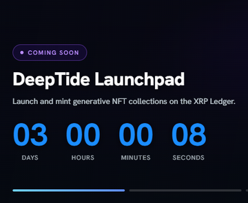 A promotional graphic for 'DeepTide Launchpad' with a 'COMING SOON' badge, describing it as a platform to launch generative NFT collections on the XRP Ledger, featuring a countdown timer showing 03 days, 00 hours, 00 minutes, and 08 seconds.