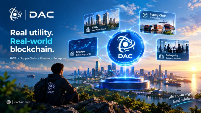 A promotional banner for DAC blockchain technology displays the tagline 'Real utility. Real-world blockchain.' alongside categories RWA, Supply Chain, Finance, and Enterprise, with the website 'dachain.tech' visible.