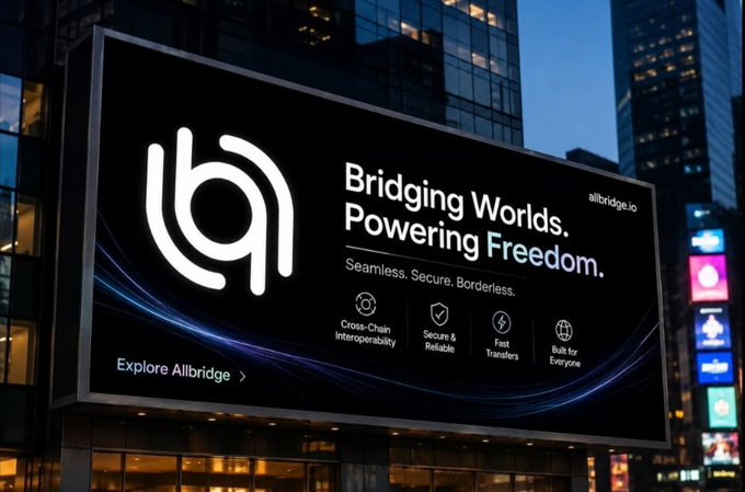 Billboard advertisement for 'allbridge.io' with the tagline 'Bridging Worlds. Powering Freedom.' highlighting cross-chain interoperability, secure transfers, and fast transactions.