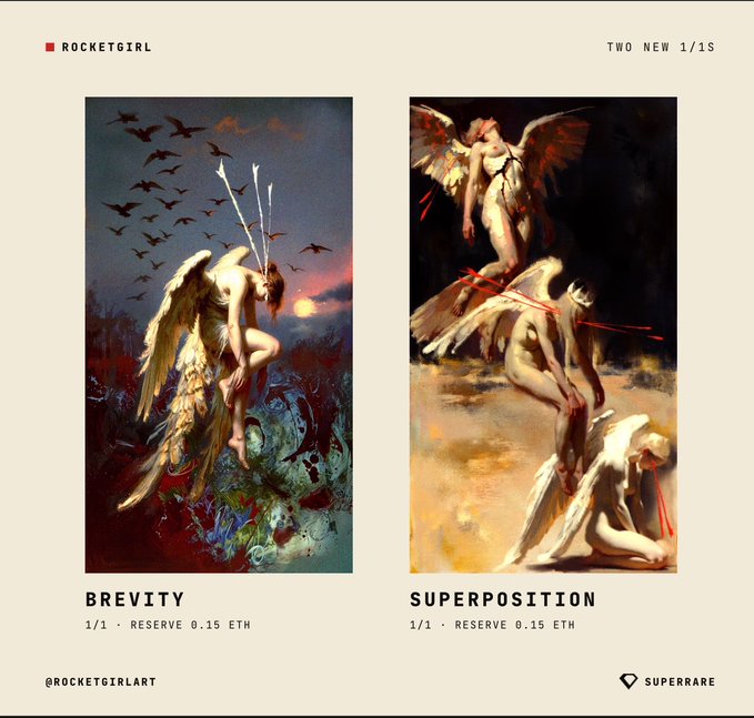 A webpage displaying two NFT artworks titled 'BREVITY' and 'SUPERPOSITION' by Rocketgirl, showing winged figures, with text 'ROCKETGIRL', 'TWO NEW 1/1S', '1/1 - RESERVE 0.15 ETH', '@ROCKETGIRLART', and 'SUPERRARE'.