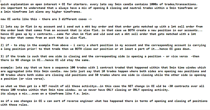 Text explaining open interest (OI) in trading, detailing how OI changes based on trades being flat, position-closing, or position-opening activities within a given timeframe.