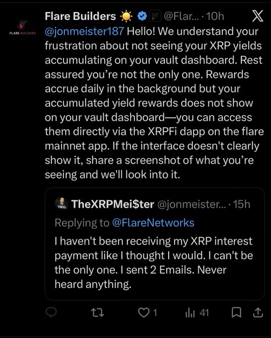 A Twitter/X post from "Flare Builders" (@FlareBuilders) replies to user @jonmeister187 (TheXRPMeister), explaining that although XRP yield rewards accrue daily, they don't appear on the vault dashboard and must be accessed via the XRPFi dapp on the Flare mainnet app—offering to investigate any display issues if a screenshot is shared. The post is reportedly from a fake account impersonating the official Flare Builders, highlighting concerns about fraudulent accounts targeting XRP holders with technical claims about staking yields.