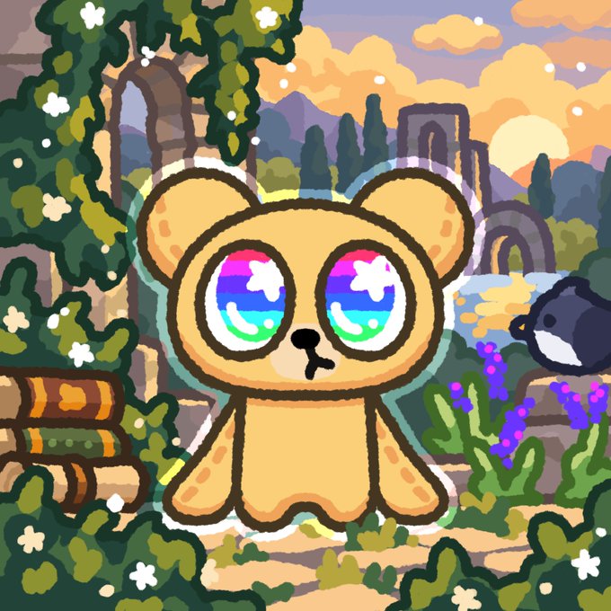 A pixel art illustration of a bear character with rainbow-colored eyes in a lush garden setting.