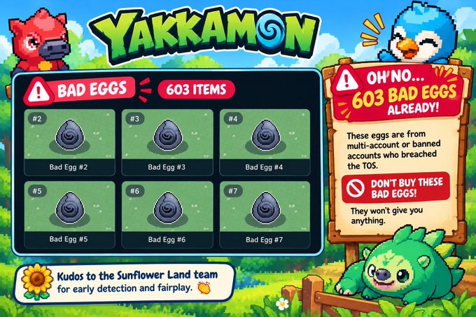A colorful game graphic for 'Yakkamon' showing 'BAD EGGS' items #2 through #7, warning 'OH' NO... 603 BAD EGGS ALREADY!' and advising 'DON'T BUY THESE BAD EGGS!' with a note crediting the Sunflower Land team.