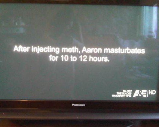A Panasonic television screen displays an A&E HD promo for 'The Glades' with subtitles reading: 'After injecting meth, Aaron masturbates for 10 to 12 hours.'