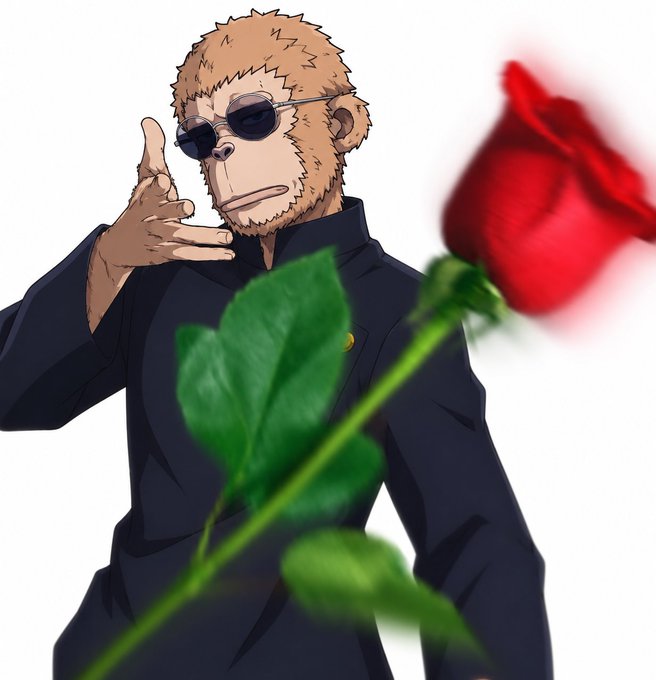 An anime-style monkey wearing sunglasses and a dark school uniform strikes a pose next to a red rose with green leaves in the foreground.