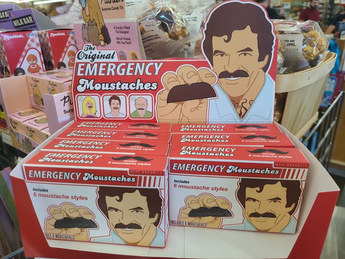 A display box of "The Original Emergency Moustaches" features six mustache styles for cosmetic emergencies, playfully referencing Tom Selleck's iconic mustache. The humor connects to the post's idea about AI code exploits, as if a distinguished mustache could be the "emergency" solution needed to thwart digital threats.