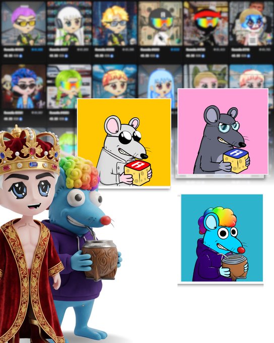 A collage featuring cartoon-style 3D avatars including a crowned figure, a blue rat, and 2D character designs of rats holding cubes and barrels.
