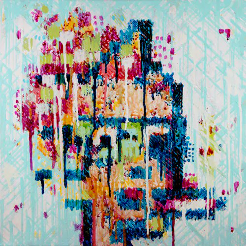 The image depicts an abstract painting that uses digital art techniques and computer-generated imagery (CGI) elements to create a unique visual experience. The use of color in different shades creates a vibrant and eye-catching piece of art. The artist's work has attracted attention for its unconventional approach, which might be part of an artistic or creative project involving artificial intelligence. This artwork is being displayed on social media platforms with the post caption stating "✧ AI Imagined Pixel Art Painted by a Robot ✧".