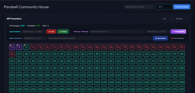 The 'Parobell Community House' NFT inventory dashboard displaying a grid of numbered items with 1978 available and 26 sent.
