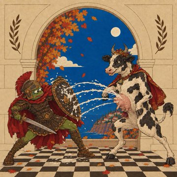 A surreal fantasy illustration showing a Roman gladiator in armor with a sword and shield facing off against a cow-headed figure with udders, set in an archway with an autumn tree and moonlit sky.