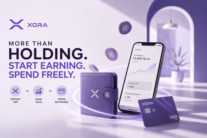 A promotional ad for 'XORA' featuring a smartphone showing an XRP balance of 12,456.78, a purple wallet, and a Visa card, with text reading 'MORE THAN HOLDING. START EARNING. SPEND FREELY.'