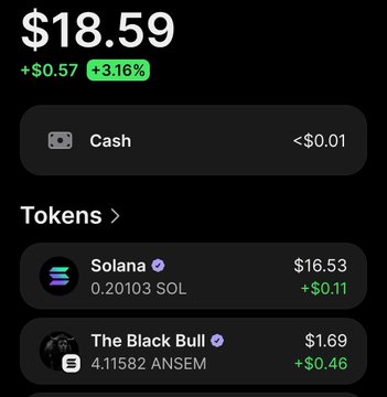 A crypto wallet app screen showing a balance of $18.59 (+$0.57, +3.16%) with token holdings including Solana ($16.53, 0.20103 SOL) and The Black Bull ($1.69, 4.11582 ANSEM).