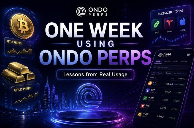 A promotional graphic for "ONDO PERPS" featuring the headline "ONE WEEK USING ONDO PERPS - Lessons from Real Usage," with the Ondo Perps logo, a Bitcoin coin, gold bars, a city skyline, and a smartphone displaying market data for assets including BTC, ETH, HOOD, TSLA, and GOLD, alongside a "TOKENIZED STOCKS" panel showing HOOD, TSLA, and AAPL. The image visually reinforces the post's theme by showcasing the platform's interface and diverse tradable assets, setting the stage for a user sharing their real-world experience over a week.