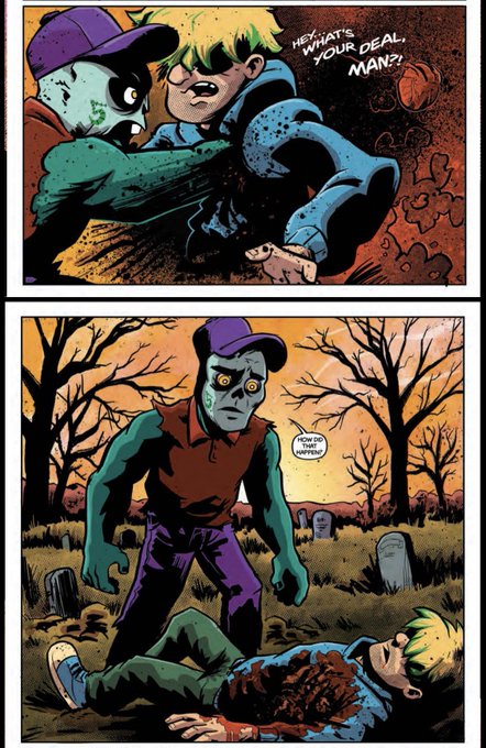 A two-panel comic book scene shows a green-skinned zombie in a purple cap attacking a blond youth in a graveyard; the zombie's speech bubbles read 'HEY, WHAT'S YOUR DEAL, MAN?' and 'HOW DO YOU LIKE THEM APPLES?'