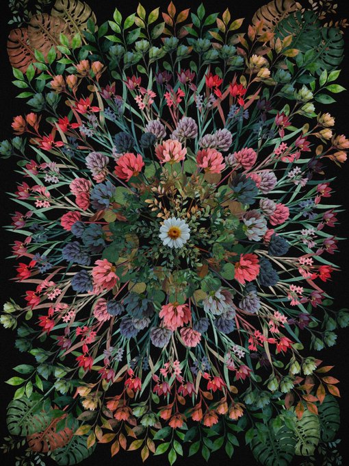 A symmetrical floral arrangement with a kaleidoscopic pattern, featuring a central white daisy surrounded by an explosion of red, pink, and blue flowers and green foliage on a black background.