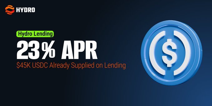 In the image, there's a poster or banner promoting stablecoin strategy with hydro lending as its focus. The text on the poster reads "Stablecoin Strategy Hydro Lending offers nearly 23% APR on $USDC supply. Looking for stable yield through stablecoins? Hydro is where your Native $USDC works harder." 

The main visual element in this image features a blue circle with a white dollar sign at its center, which symbolizes stability coins and lending services. The image also has text elements such as "Hydro" located towards the top left corner of the image, an explanation of how it works on stablecoins (staying ahead), and mentions that the post is in reference to the current stablecoin strategy being displayed on the poster.