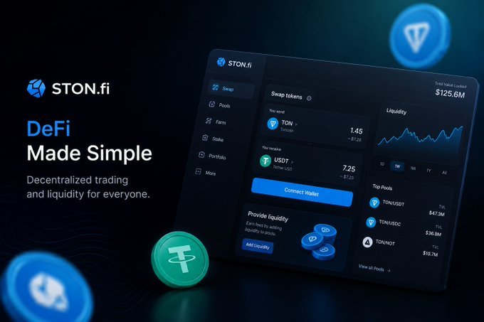 A promotional graphic for STON.fi with the tagline 'DeFi Made Simple — Decentralized trading and liquidity for everyone,' showing the platform's swap interface with total value locked at $125.6M.