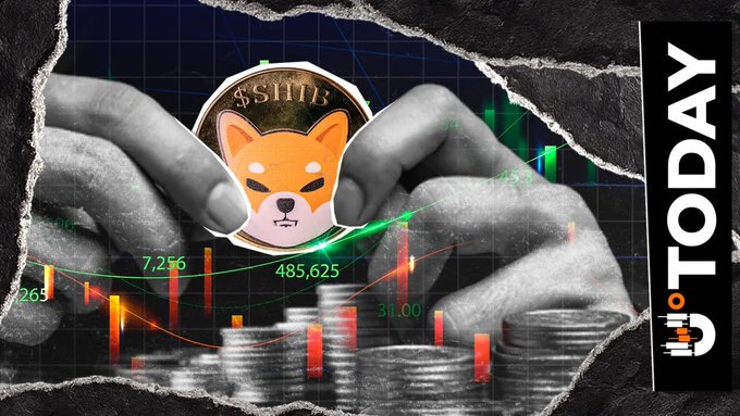 A promotional graphic for the cryptocurrency $SHIB, showing hands holding a Shiba Inu coin in front of a financial chart, with a chart displaying the value '7,256' and '485,625', and a 'TODAY' label.
