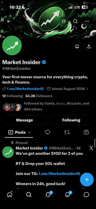 A Twitter/X profile for "Market Insider" (@MrketInsider), with 34.2K followers, and a pinned tweet offering $100 to two people who RT and drop their SOL wallet, linking to a Telegram group.