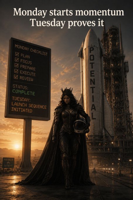 A regal figure in a black cape and crown stands beside a rocket labeled "POTENTIAL," with a "MONDAY CHECKLIST" sign showing completed tasks (PLAN, FOCUS, PREPARE, EXECUTE, REVIEW) and a status reading "TUESDAY: LAUNCH SEQUENCE INITIATED." The image visually reinforces the post's message that Monday's planning and hype have passed, and Tuesday is when the real mission takes flight for $STKR believers.