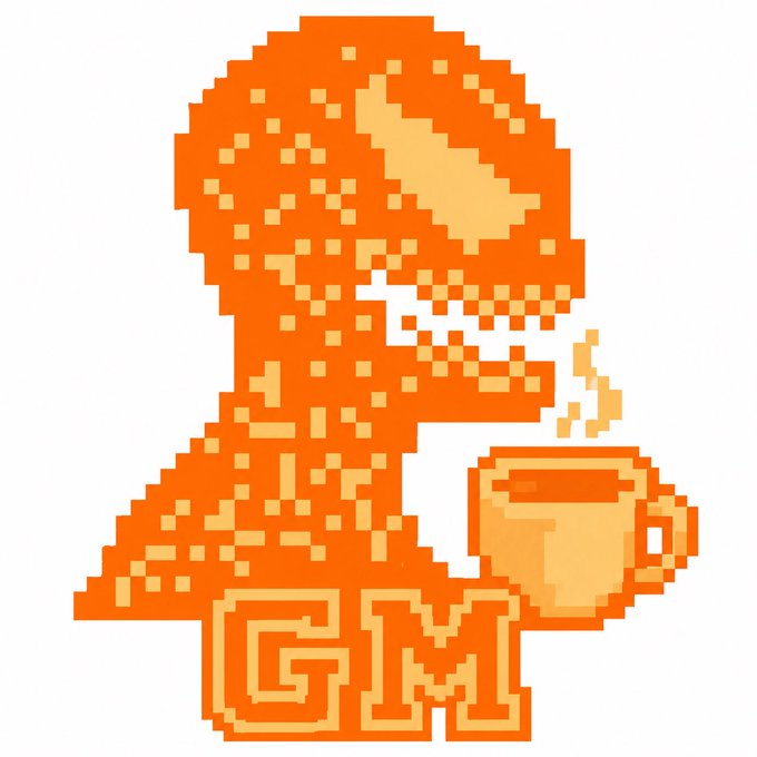 An orange and tan pixel art graphic features a dinosaur drinking from a coffee mug with steam rising, positioned above the text 'GM'.