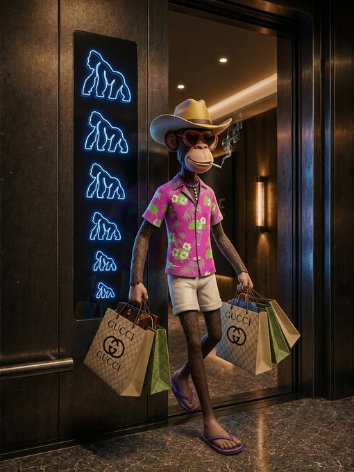 An AI-generated image of a fashionable monkey wearing a cowboy hat, red sunglasses, pink floral Hawaiian shirt, white shorts, and flip-flops, walking out of an elevator carrying multiple Gucci shopping bags.