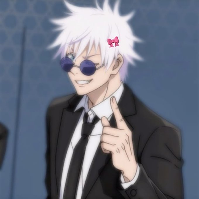 An anime character with white spiky hair wearing round purple sunglasses and a dark suit with tie, smiling and pointing with a bow accessory in their hair.