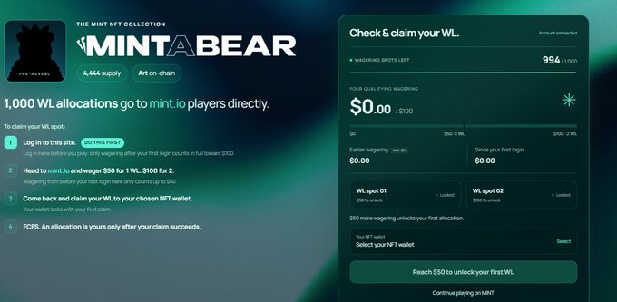 A screenshot of the Mint a Bear NFT minting website, showing a collection with 4,444 supply and claiming 1,000 whitelist allocations with 994 remaining.